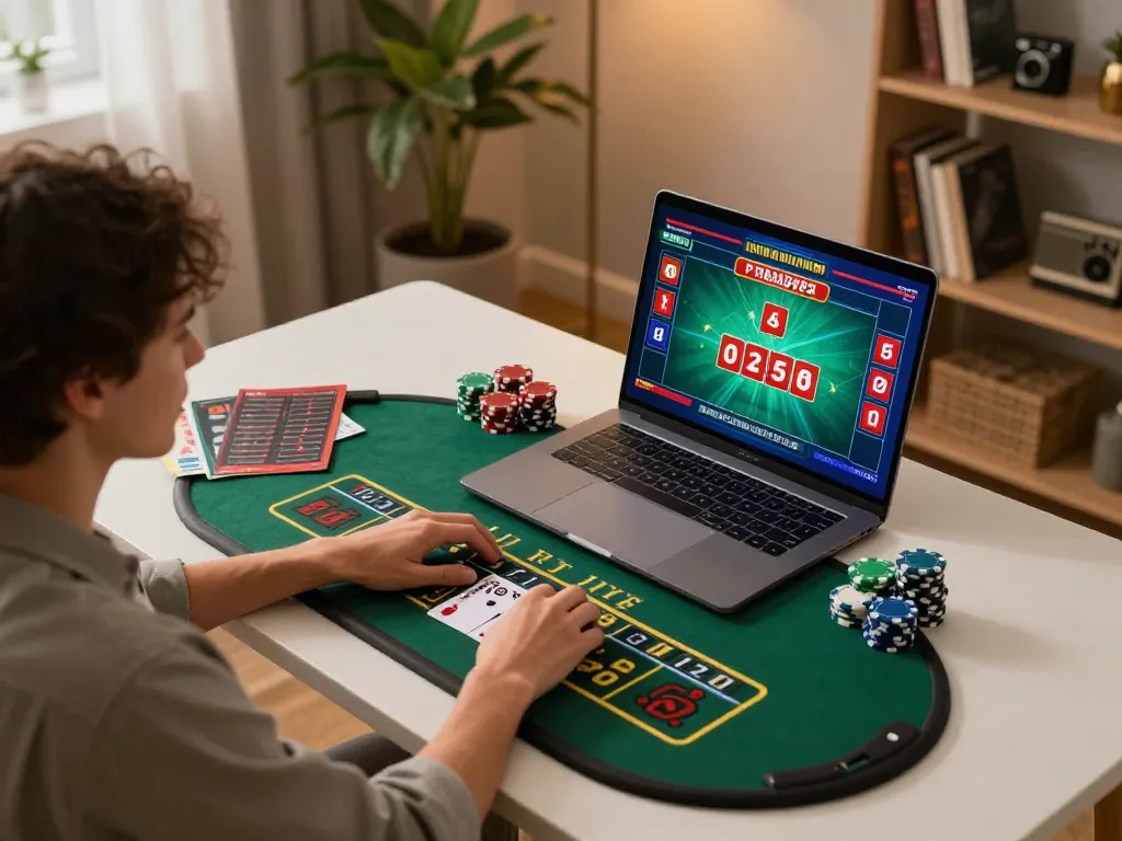KJC engages players in live dealer games from a cozy home gaming setup, showcasing strategic play and comfort