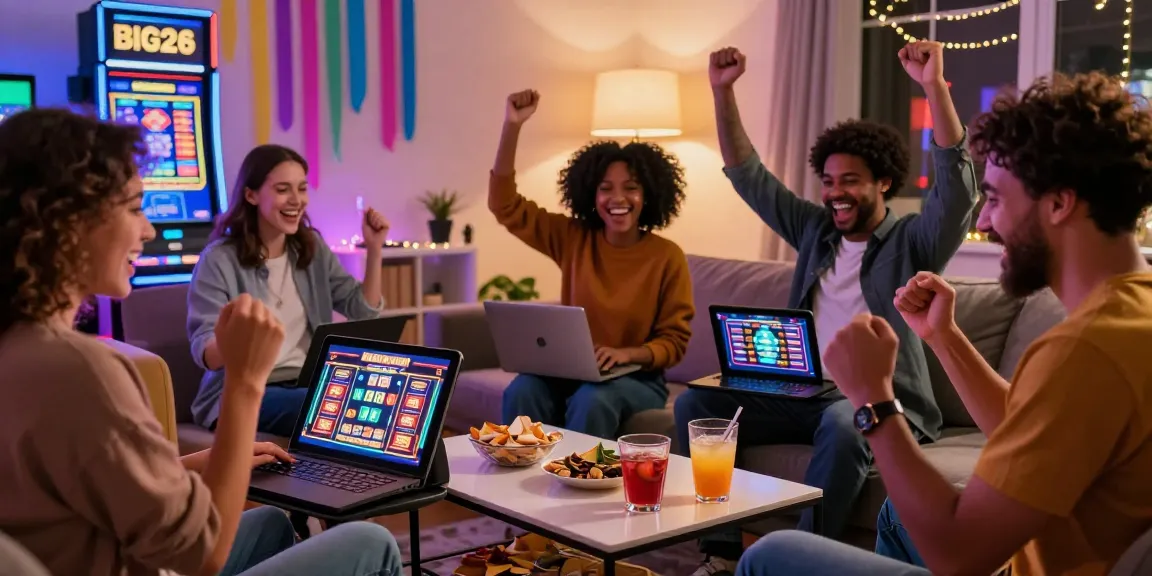 Group of friends enjoying games at new online casinos UK, celebrating wins in a lively home setting.