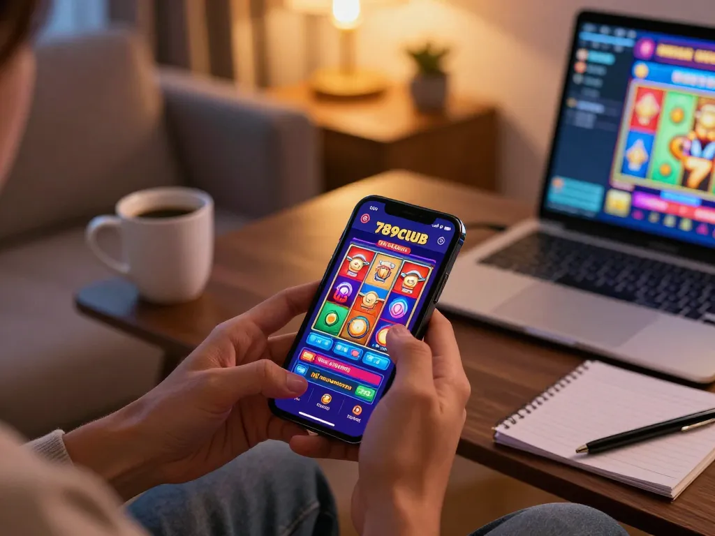 Engage with 789club on your smartphone, enjoying a colorful slot game in a cozy setting.