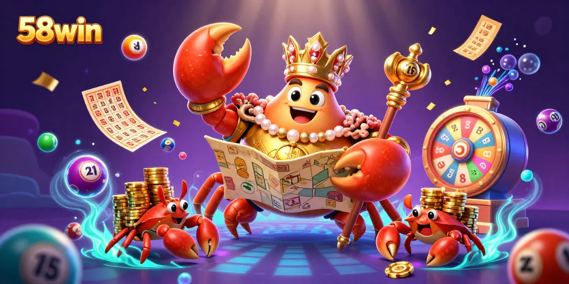 Engage with thrilling gaming activities at 58win featuring a golden crab emperor and vibrant lottery elements.