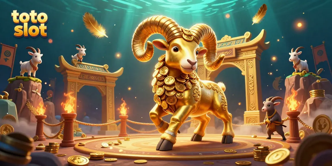 Toto slot action with a golden ram charging through a majestic casino scene, full of coins and gaming excitement.