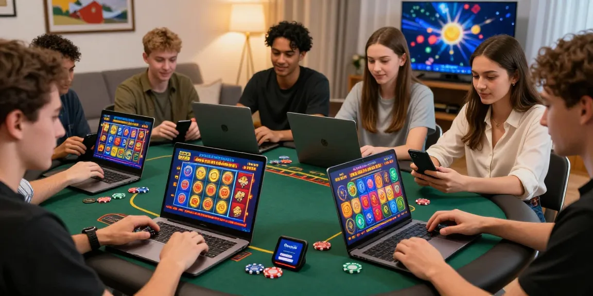 Dynamic online casinos Australia scene with players enjoying pokies and table games in a vibrant home setting.