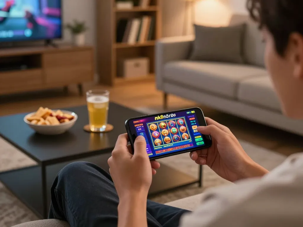Engaging with nk88 nhà cái app for online gaming in a warm living room setting