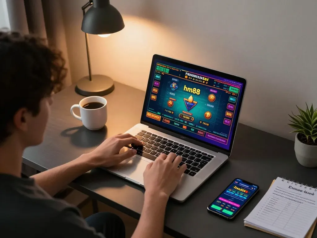 Engaging in hm88 bet on a laptop at home while analyzing betting strategies with a cozy setup.