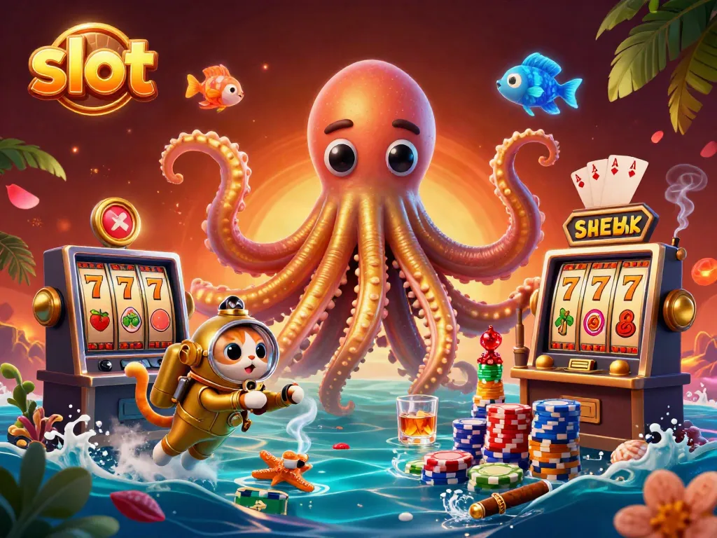 Experience thrilling slot action with a kraken and diving cat in a vibrant casino scene.