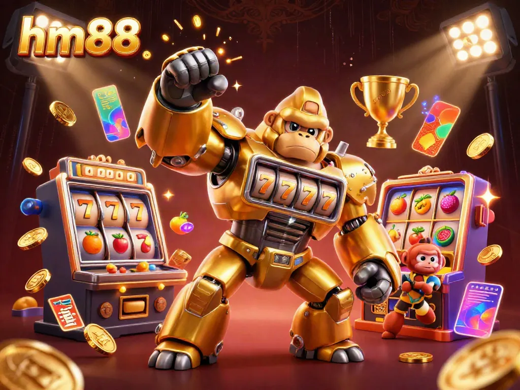 Experience the thrill of winning with hm88's dynamic slots featuring a golden gorilla mech and bursting coins.