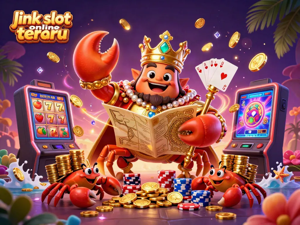 Permainan slot yang menarik dengan link slot online terbaru di tengah, dikelilingi oleh koin emas dan chip berwarna.