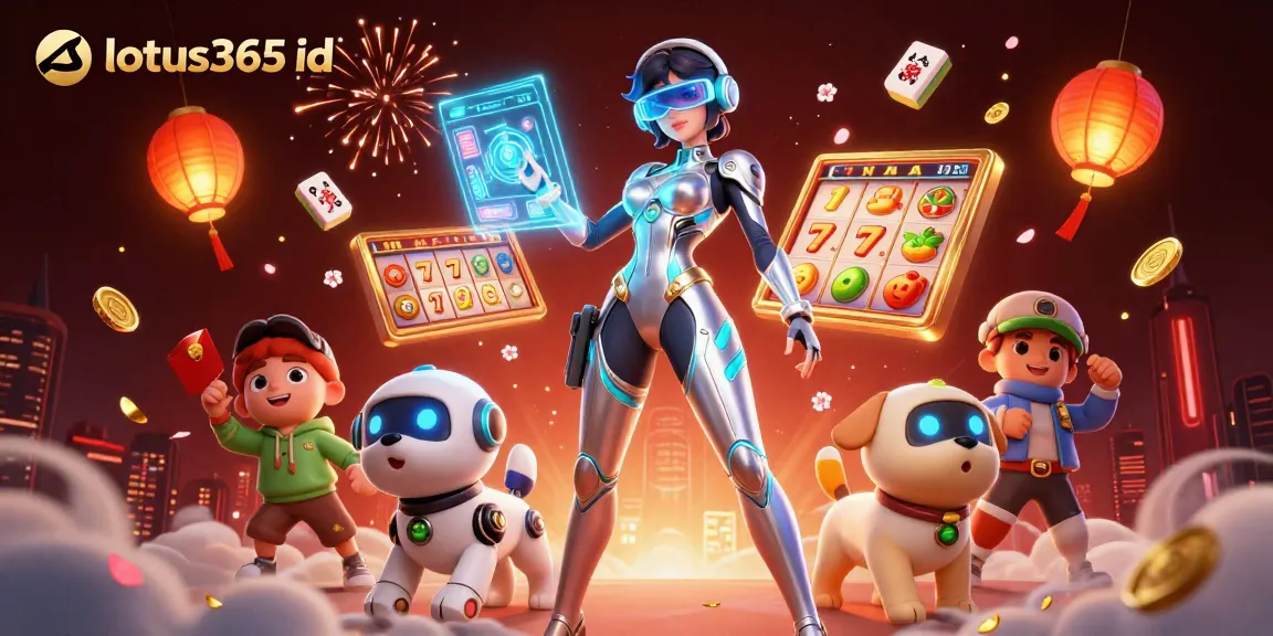 Engage with lotus365 id in a vibrant casino scene filled with slots, neon elements, and dynamic characters.