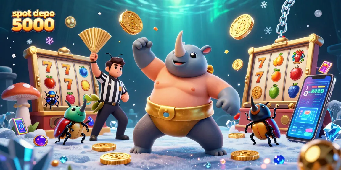 Experience the thrill of slot depo 5000 with a dynamic 3D illustration featuring a sumo beetle champion and golden coins.