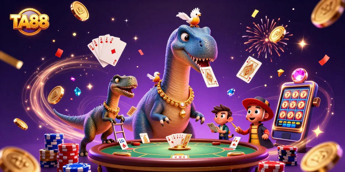 Engage in thrilling gameplay with TA88 in this vibrant 3D casino illustration featuring rich details and characters.