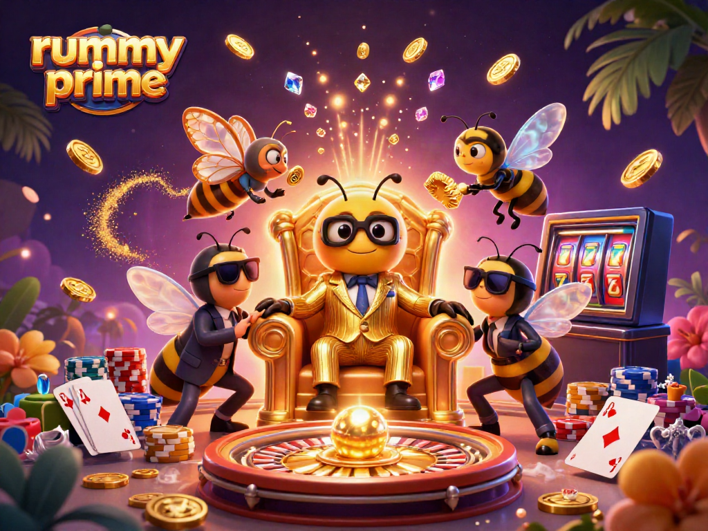 Experience rummy prime with a vibrant 3D illustration of a bumblebee mob boss amidst casino elements.