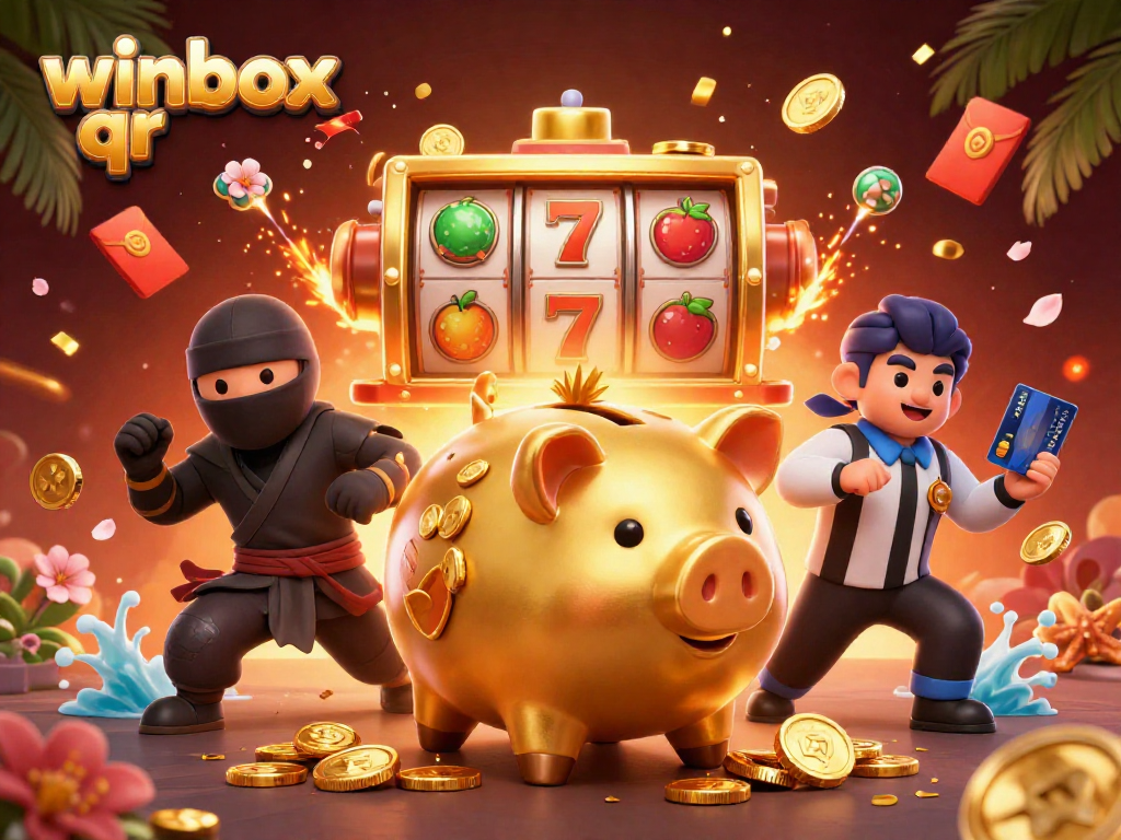 Engage in thrilling gaming with winbox qr, featuring dynamic casino characters and festive elements.