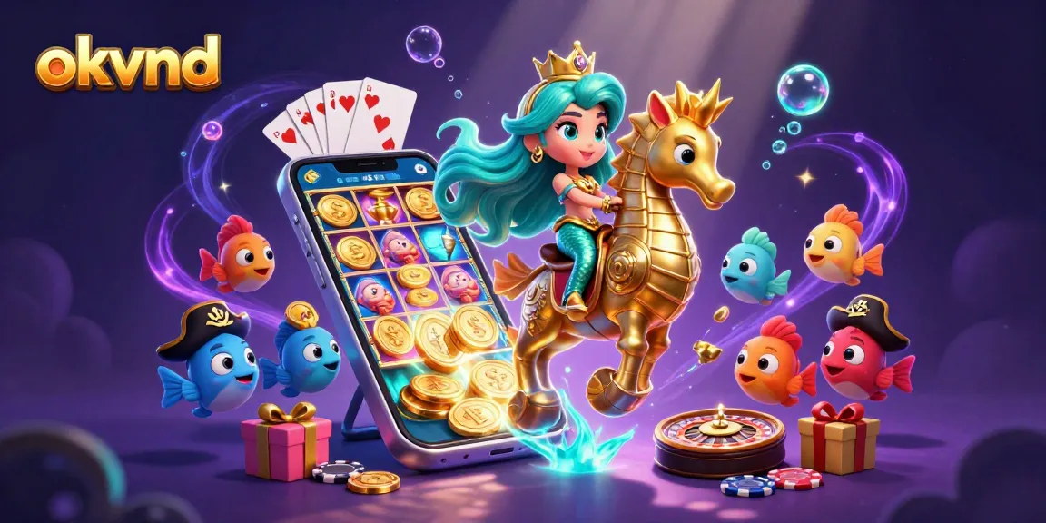 Experience the exciting world of okvnd with a mermaid riding a seahorse amidst vibrant casino elements.