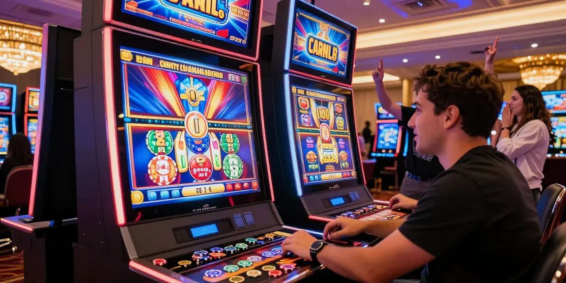 Engaged player at bonus buy slots in vibrant casino atmosphere.