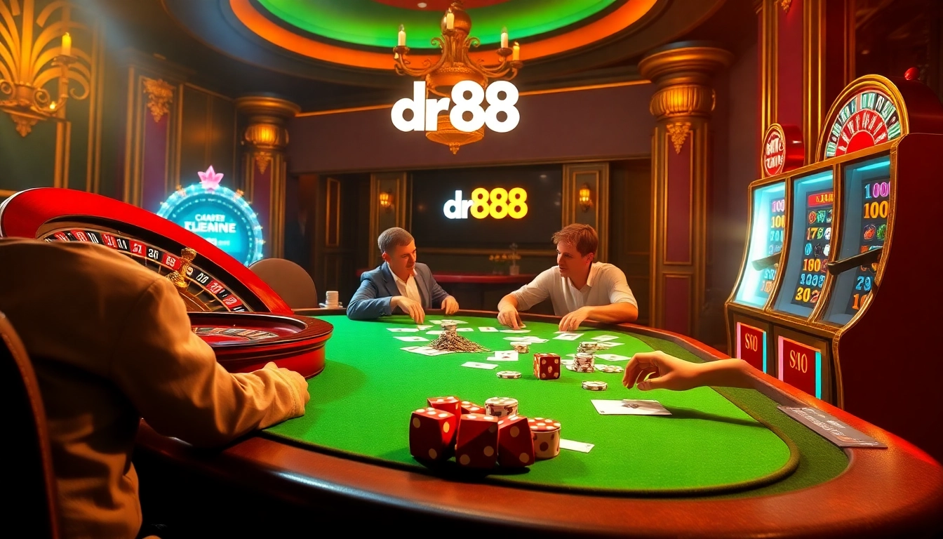 Experience the thrill of gaming at dr88 with exciting casino tables and vibrant roulette wheels.