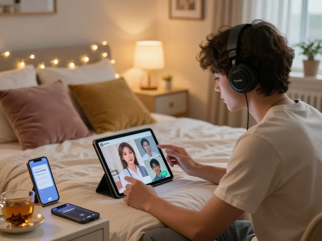 Engaging in an nsfw chat in a cozy bedroom with an AI character on a tablet.