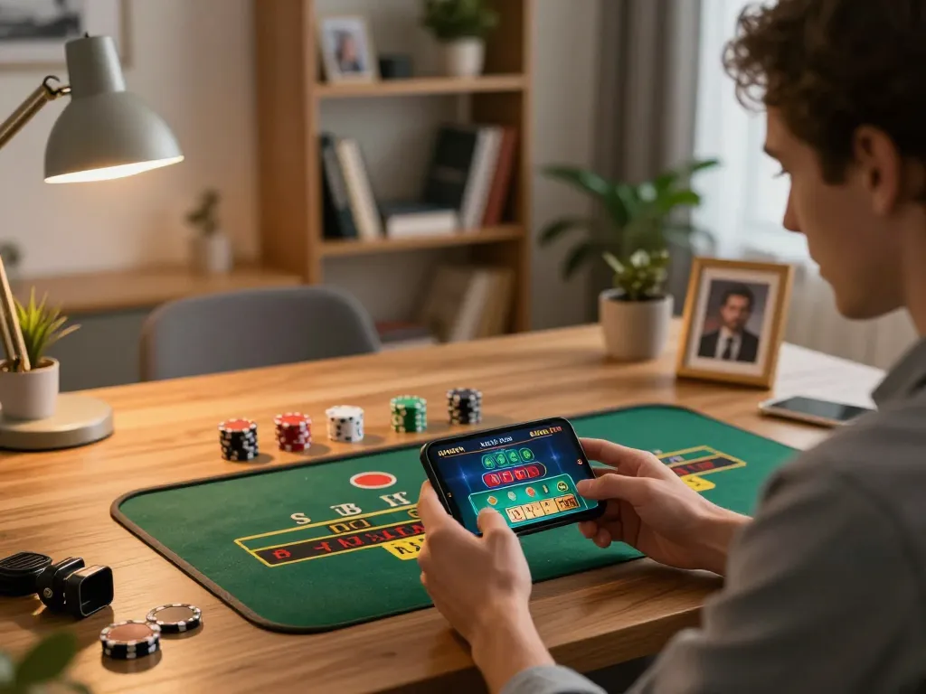 Play responsibly at casinoatlas while enjoying mobile blackjack in a cozy home office.