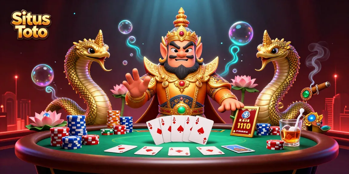 Situs Toto menampilkan ilustrasi 3D dari penjaga kuil Thailand dan elemen kasino yang dinamis, menyoroti aksi taruhan.