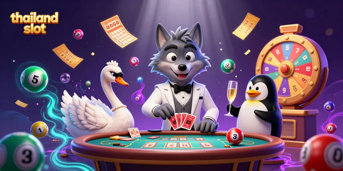 Engage with the dynamic scene of thailand slot featuring a stylish wolf, elegant swan, and sophisticated penguin in a vibrant casino atmosphere.