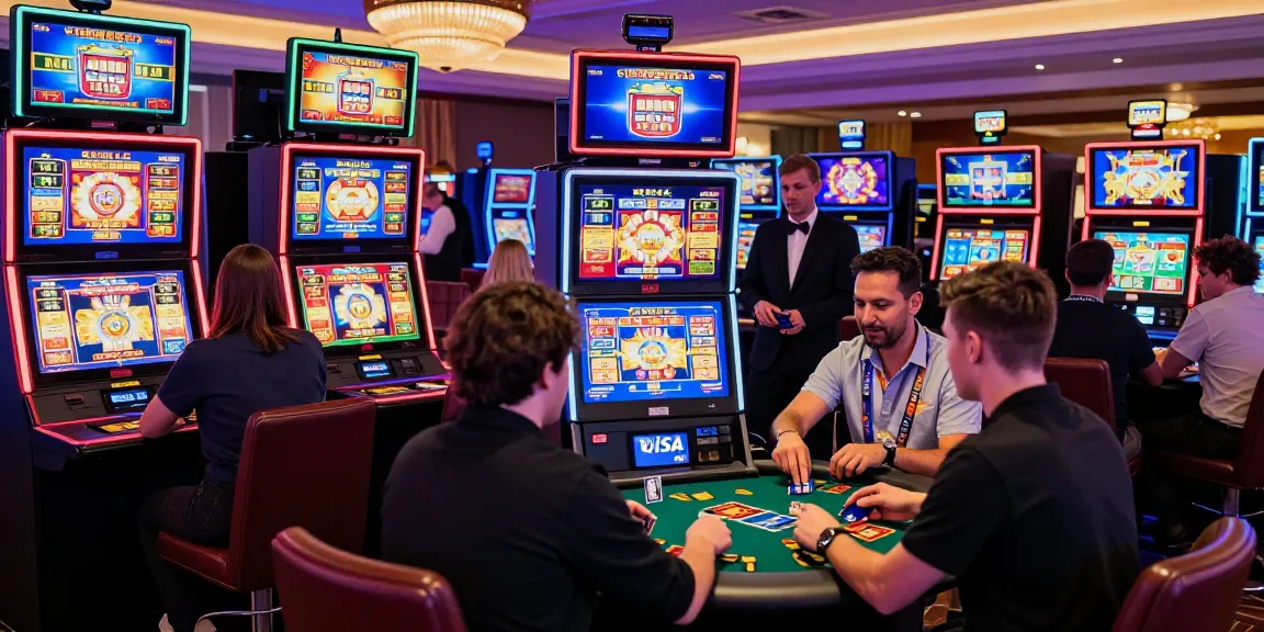 Diverse players using credit cards at a vibrant casino, where you can find some here for an exciting gambling experience.
