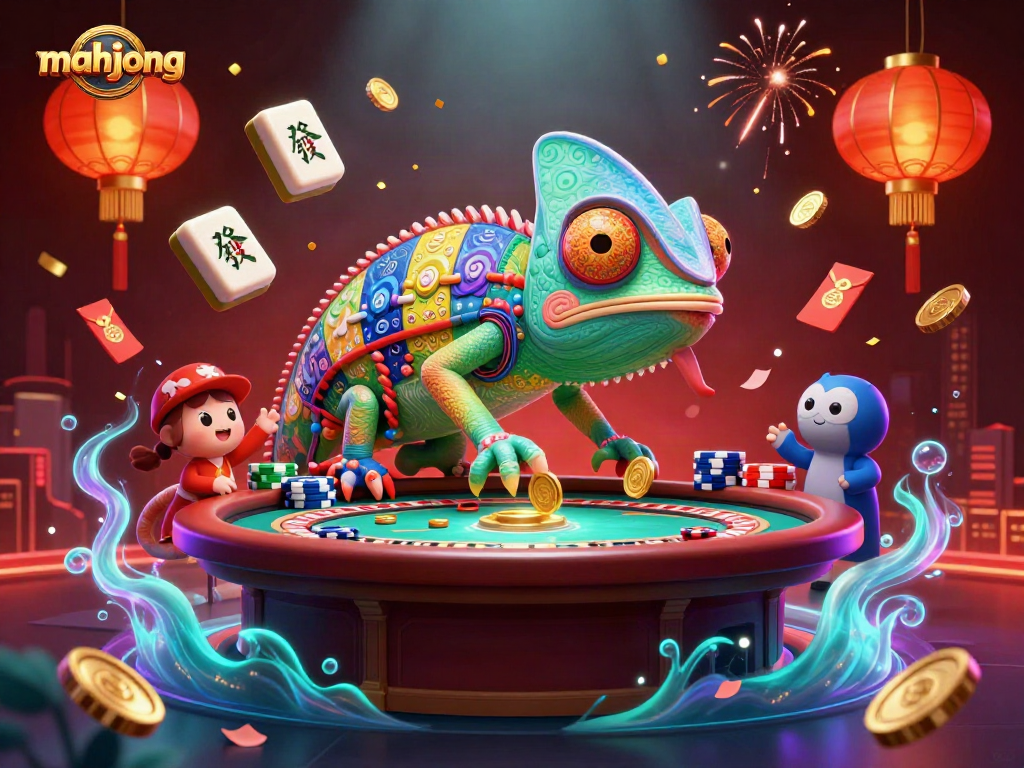 Engage in Mahjong with a vibrant 3D illustration showcasing a chameleon casino owner amidst festive gaming elements.