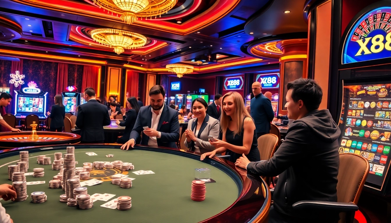 Players enjoy engaging games at X88 casino with vibrant poker tables and spinning roulette wheels.