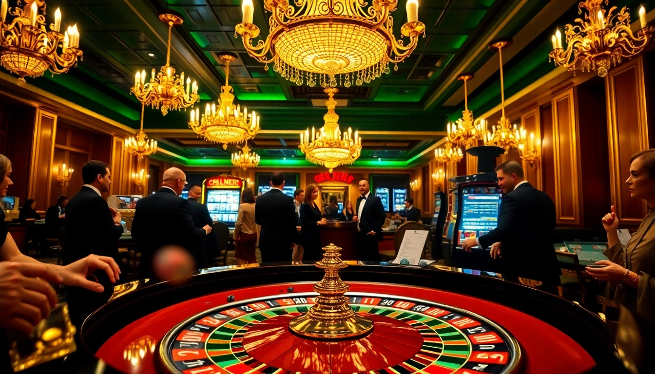 Exciting casino atmosphere with players engaging in luxury138 betting at roulette and slot machines.