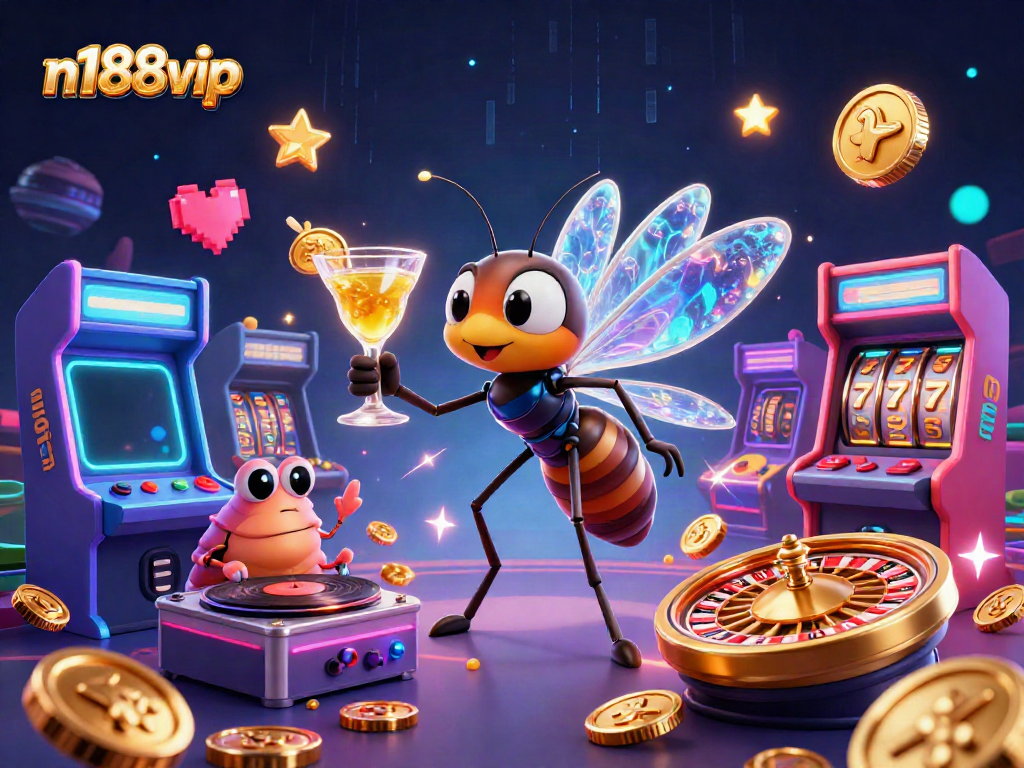 Experience the thrill of n188vip with a lively 3D casino scene featuring unique characters and gaming elements.