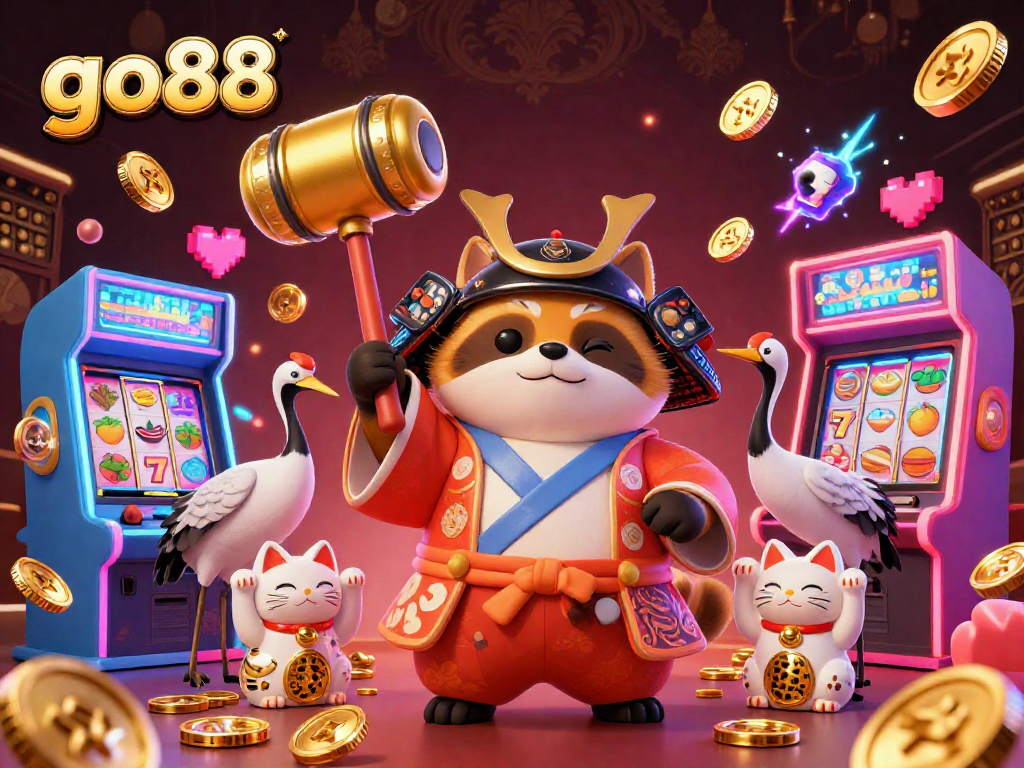 Playing slots with go88 characters in a vibrant 3D casino scene filled with luck and joy.