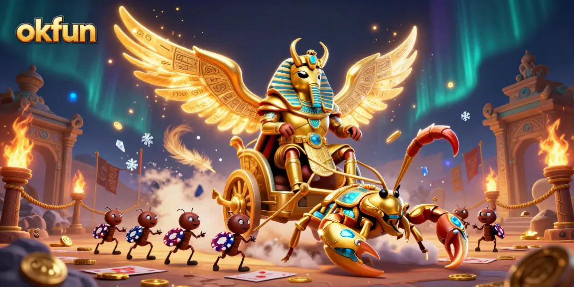Engage in thrilling action at okfun with a golden scarab and scorpions in a vibrant casino scene.