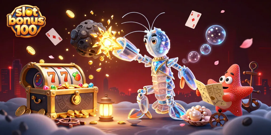 Engage with the slot bonus 100 in this vibrant 3D illustration, featuring samurai shrimp and exploding coins.