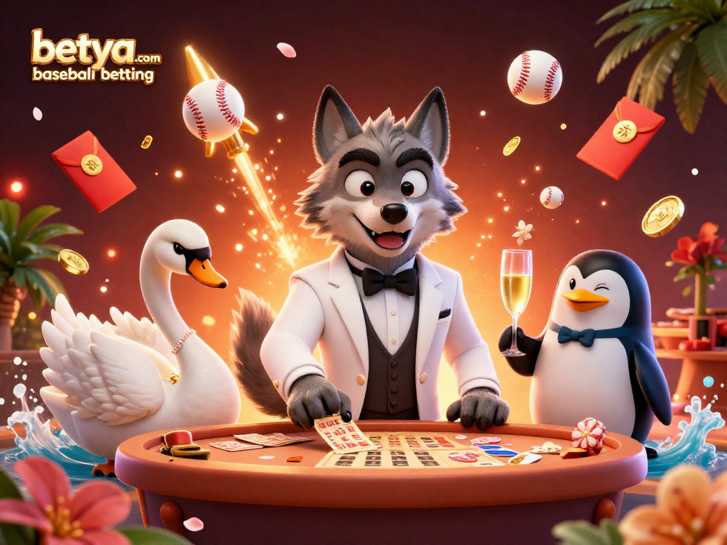 Experience betya.com baseball betting with a lively 3D illustration featuring animated characters and betting elements.
