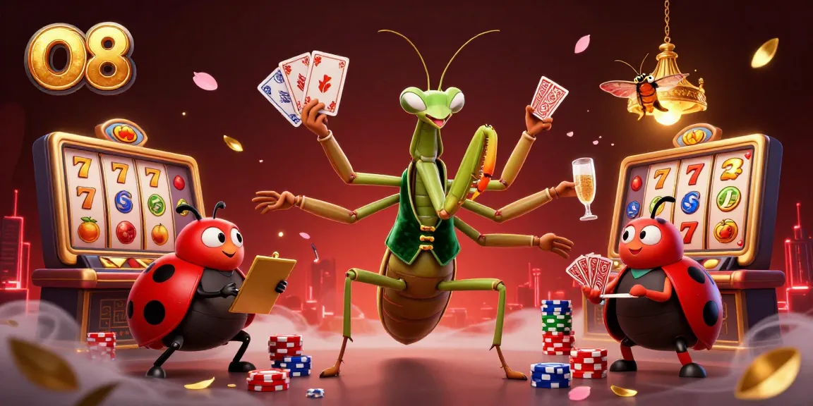 O8 showcases interactive slot universes with an engaging casino atmosphere and cartoon characters.