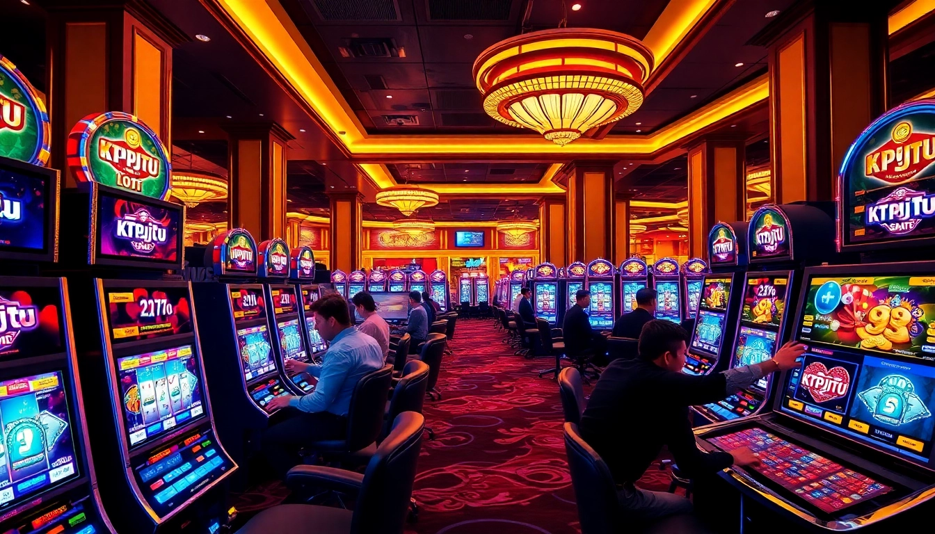 Players experiencing ktpjitu alternatif excitement at luxurious slot machines in a vibrant casino setting.