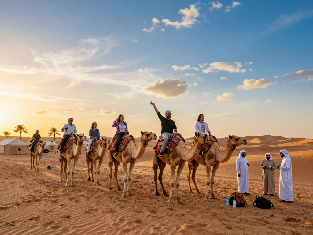 Tourists on camels in a desert safari slot adventure at sunset.