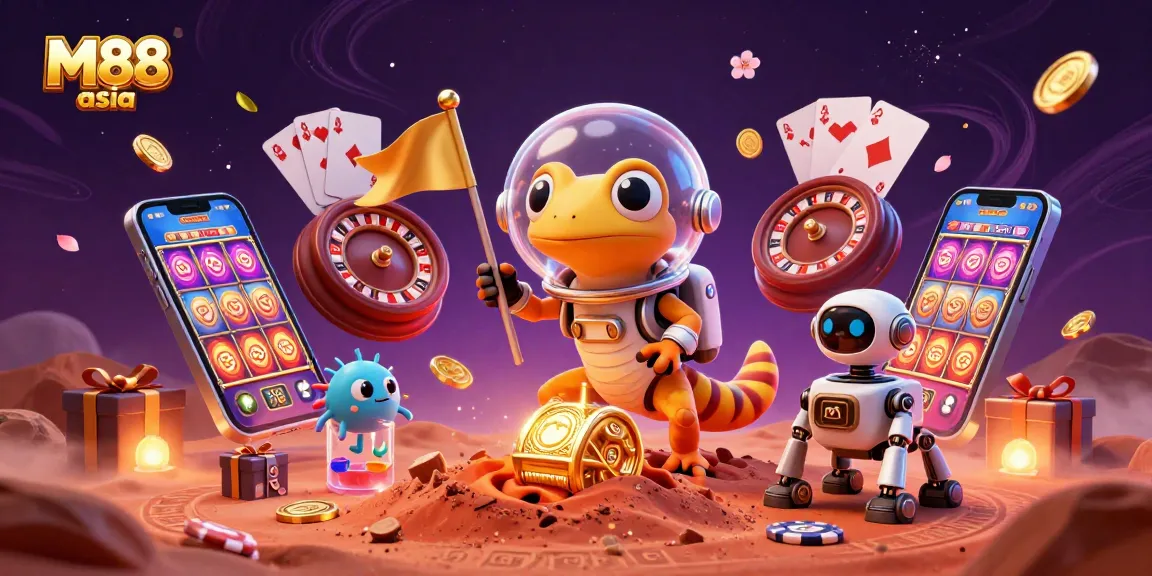 M88 asia brings excitement with a vibrant 3D portrayal of a Martian gecko uncovering a golden casino adventure.