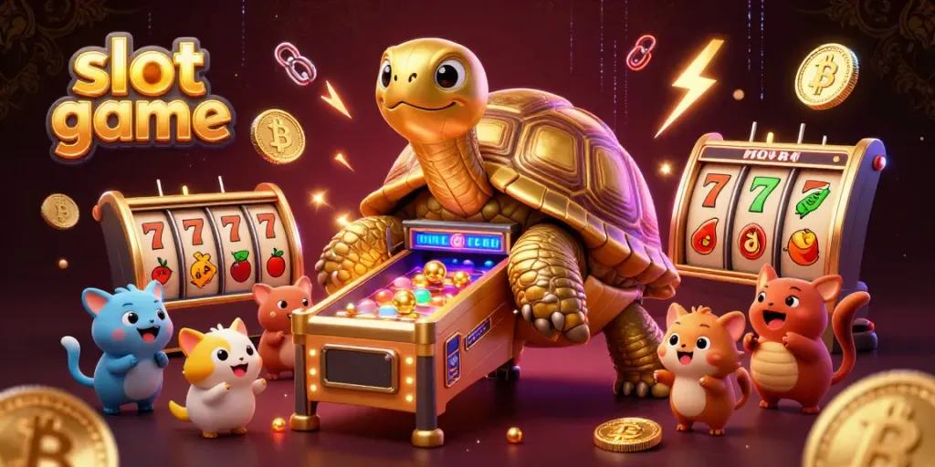 Experience the exhilarating slot game with a giant tortoise pinball machine and a vibrant crowd of eager players.