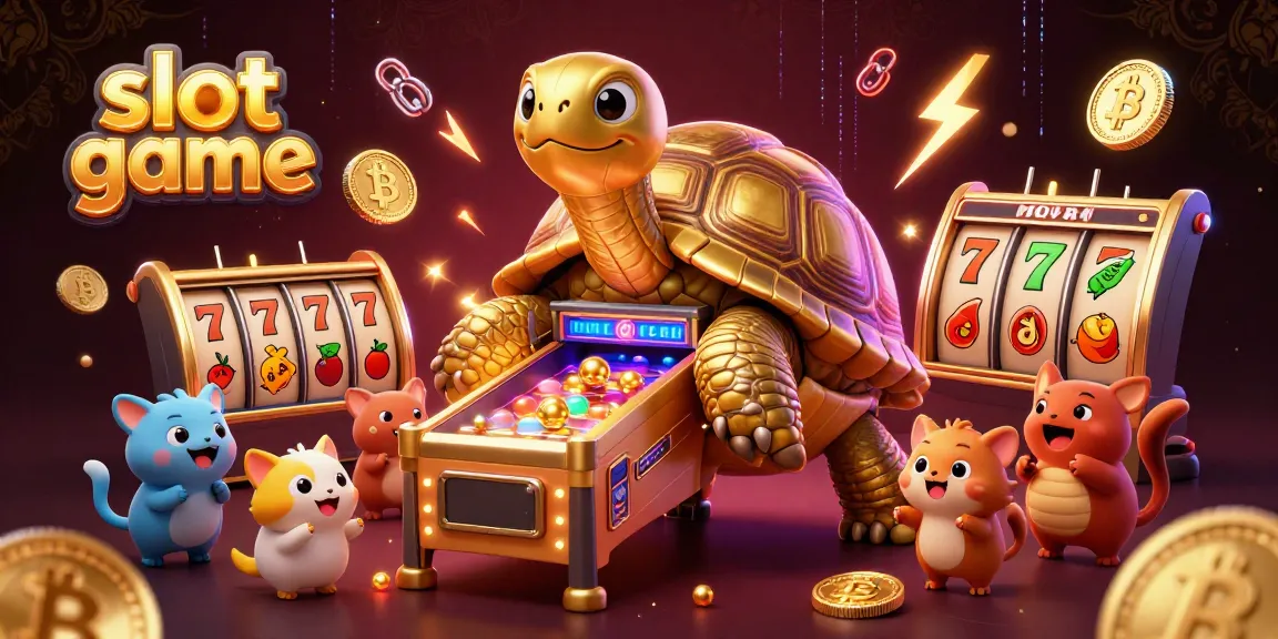 Experience the exhilarating slot game with a giant tortoise pinball machine and a vibrant crowd of eager players.