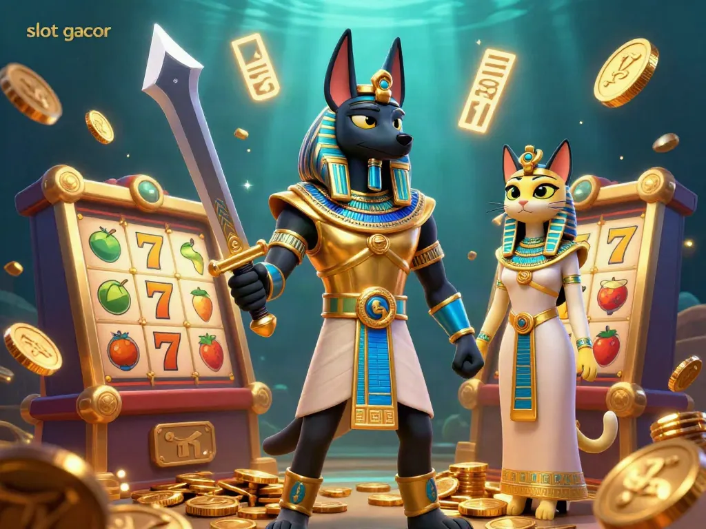 Experience the thrill of slot gacor with Anubis and Bastet amidst shimmering coins and vibrant slot machines.