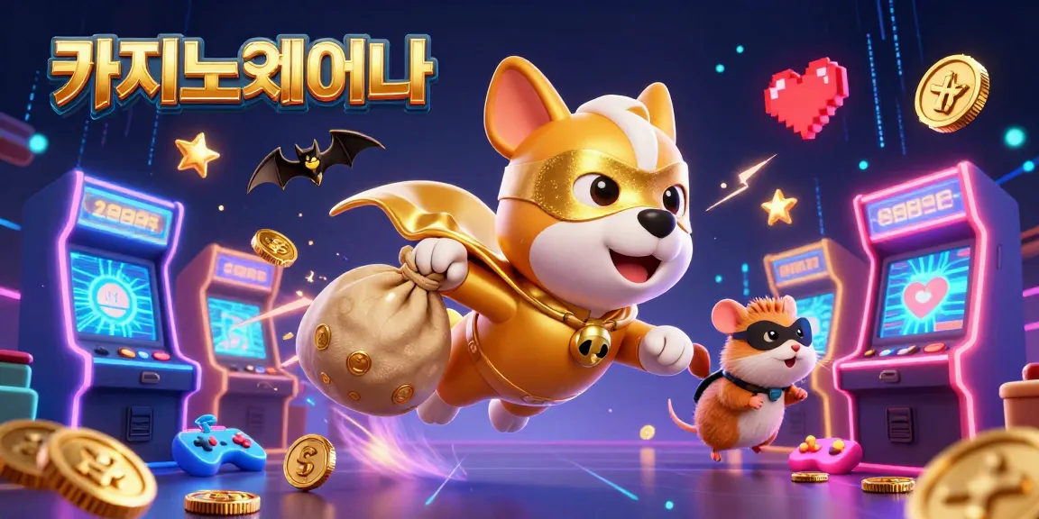 카지노사이트에서 화려한 3D 캐릭터들이 금화로 가득 찬 가방을 운반하며 활기차게 즐기는 장면