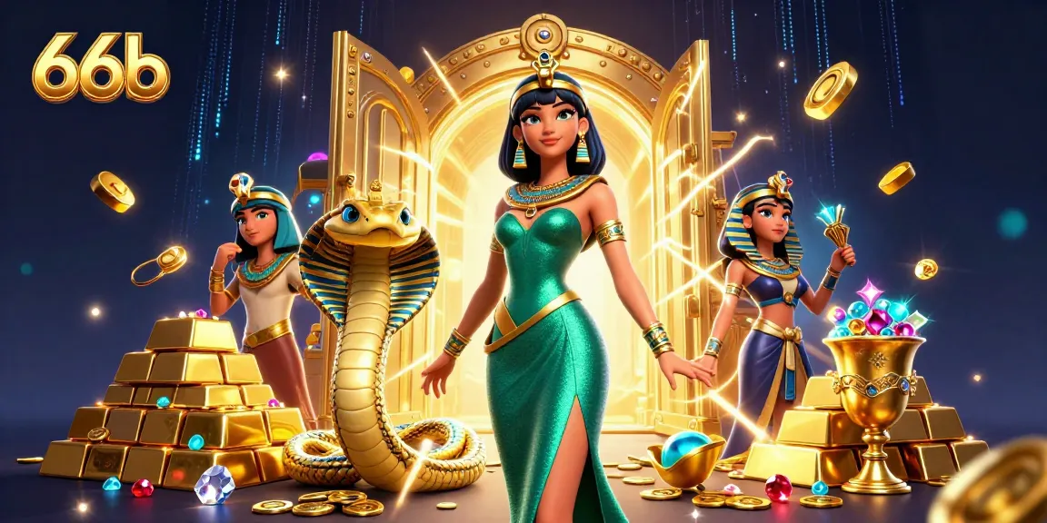 Engage in exciting casino adventures at 66b, showcasing a stunning emerald-clad character amidst treasures.