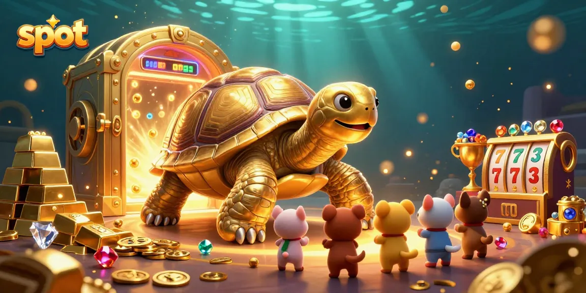 Spin the slot reels in a vibrant scene with golden tortoise and treasures.