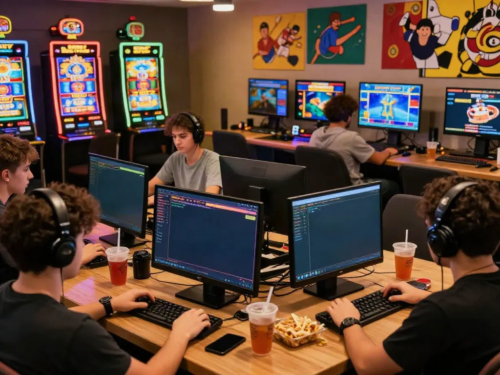 A group of diverse players enjoying A80 casino games online, featuring colorful displays and snacks in a cozy gaming environment.