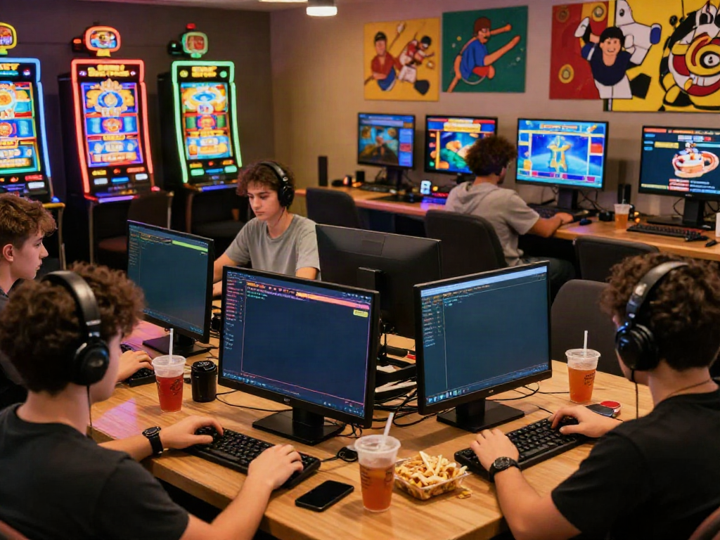 A group of diverse players enjoying A80 casino games online, featuring colorful displays and snacks in a cozy gaming environment.