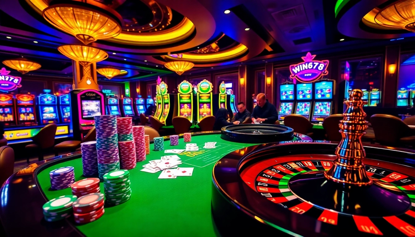 Experience thrilling gameplay at Win678 with colorful poker chips and vibrant casino tables.