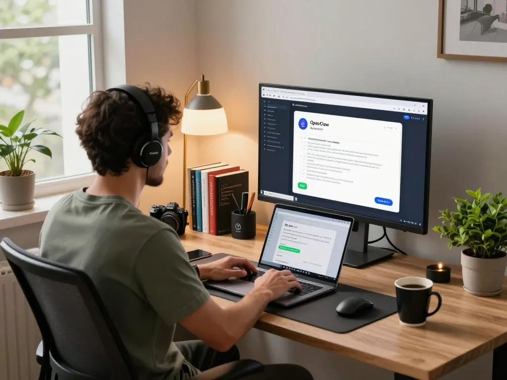 Developer using OpenClaw personal AI in a modern workspace with tech gadgets and natural light.