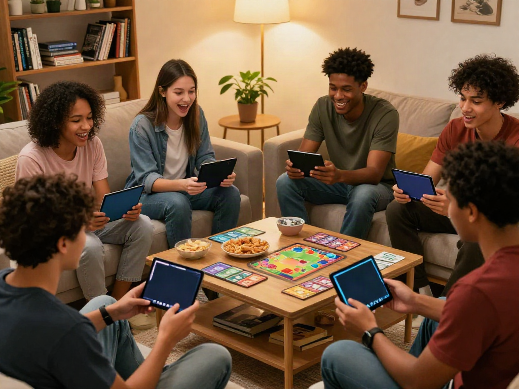 Friends enjoying Rumble Rummy on smartphones in a cozy living room setting.