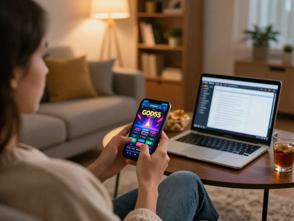 Player engaging with the God55 app, featuring dynamic game graphics in a cozy home setting.
