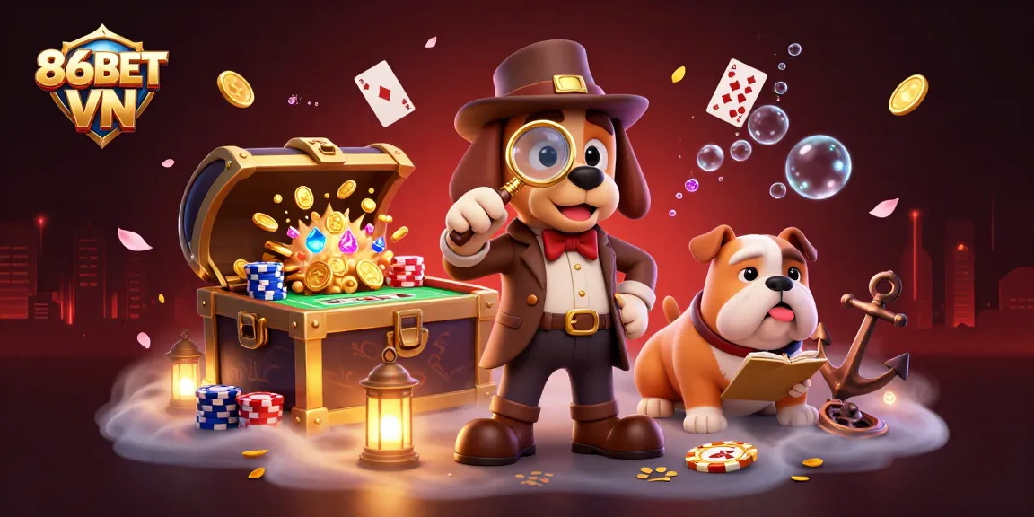 Experience the thrill of 86BET VN with cartoon characters revealing poker secrets amidst a vibrant casino scene.