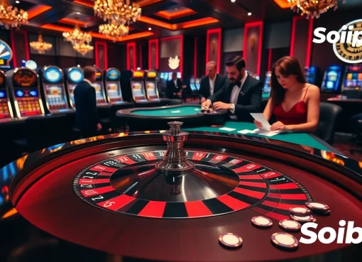 Soibet casino scene showcasing vibrant roulette and poker action in a luxurious setting.